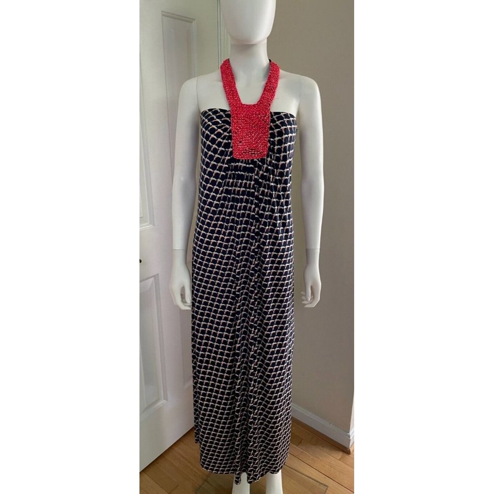 Women's T-Bags Los Angeles Navy Beaded Sleeveless Jersey Maxi Dress Size S